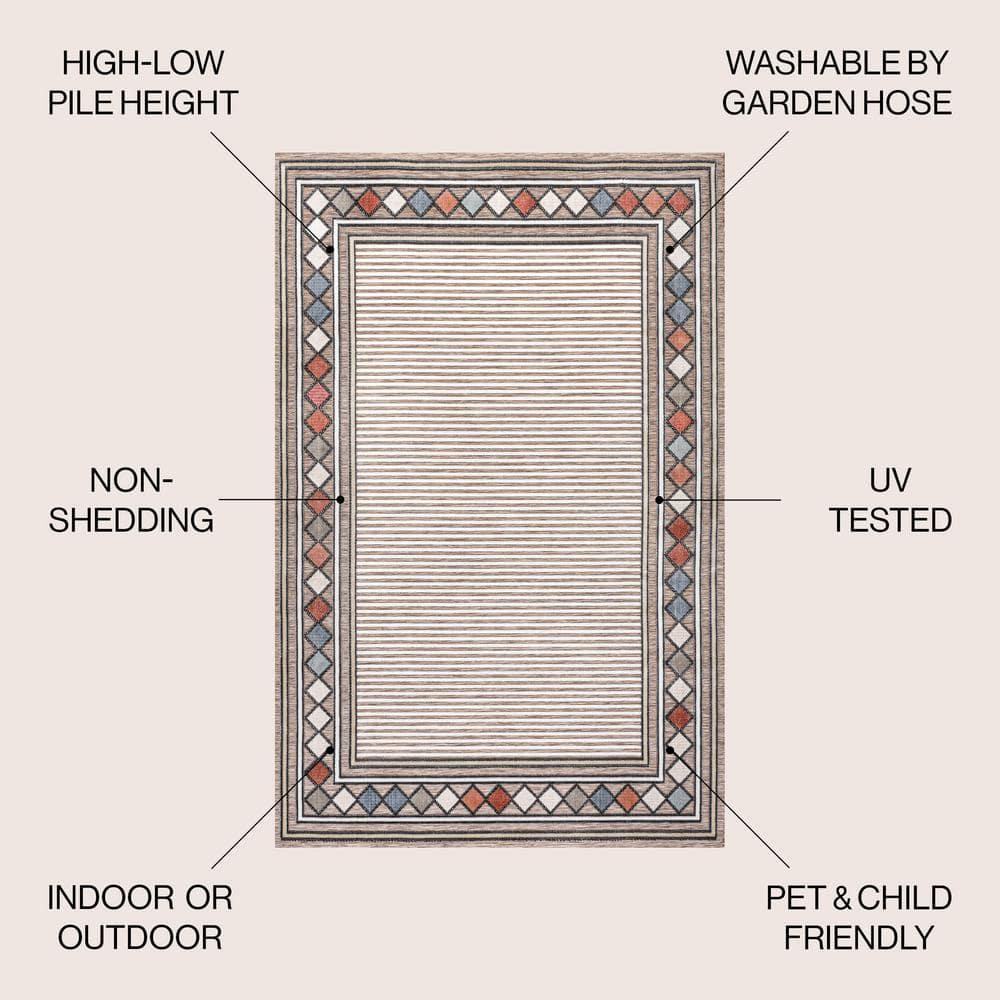 JONATHAN Y Sebastian High-Low Modern Diamond Border Brown/Ivory 3 ft. x 5 ft. Indoor/Outdoor Area Rug