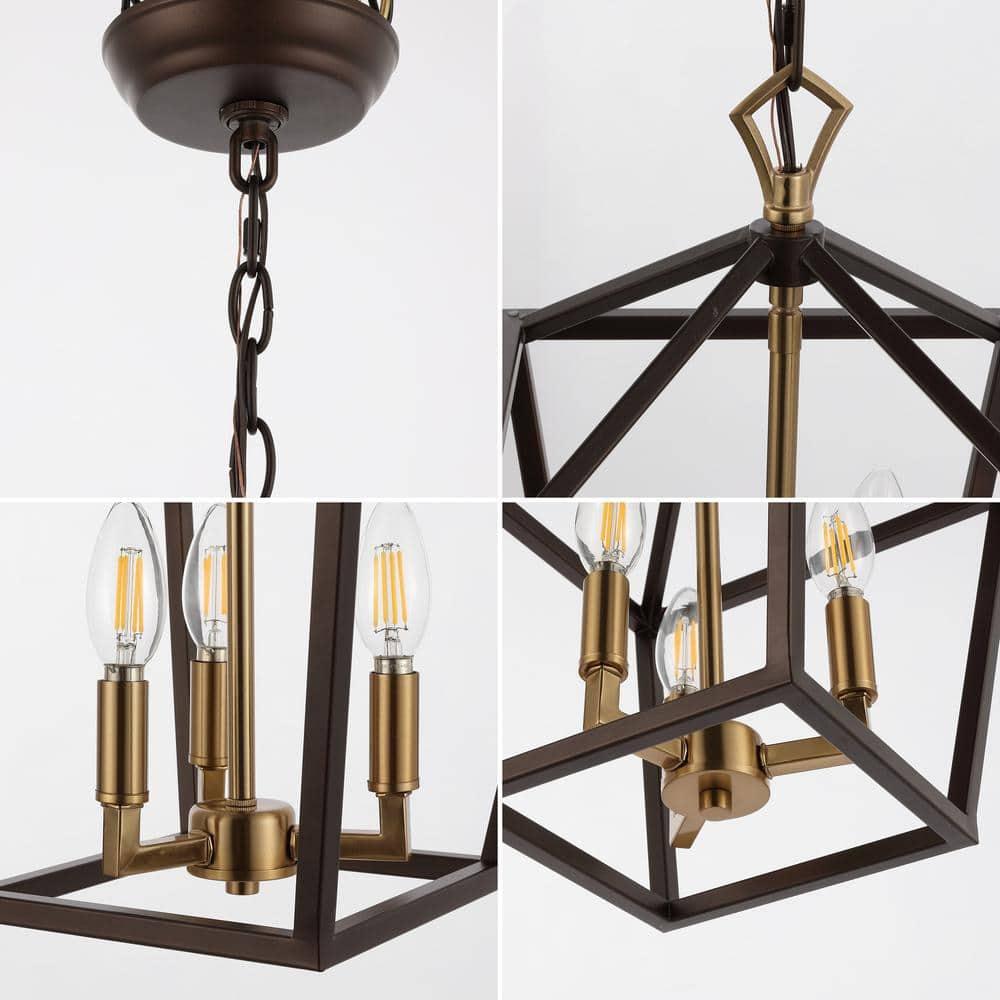 Ojai 10" 3-Light Iron Classic Modern Lantern LED Pendant, Oil Rubbed Bronze/Brass Gold