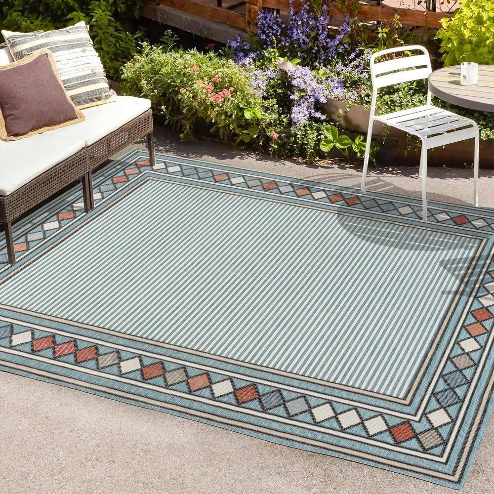 JONATHAN Y Sebastian High-Low Modern Diamond Border Blue/Ivory 5 ft. x 8 ft. Indoor/Outdoor Area Rug