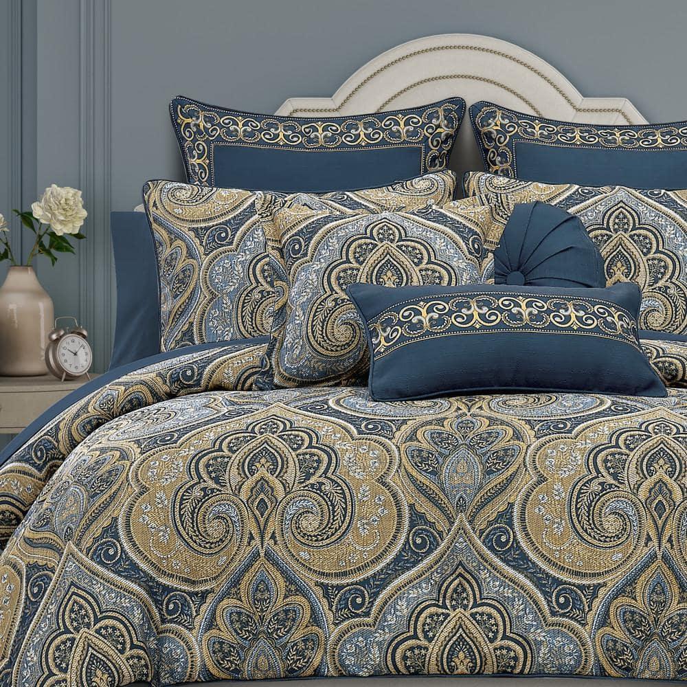 Navy and Gold Damask Microfiber Full Comforter Set
