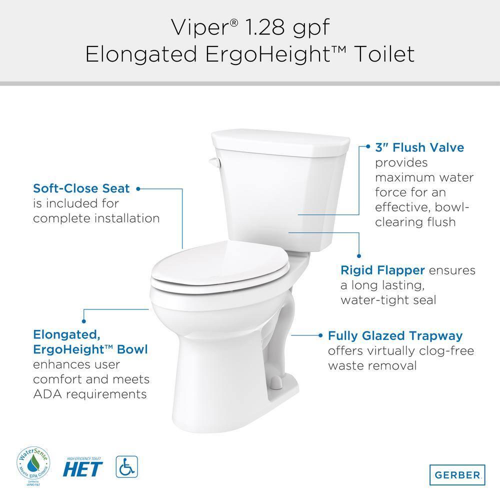 Gerber Gws31518 Viper 1.28 Gpf Two Piece Elongated Chair Height Toilet - White