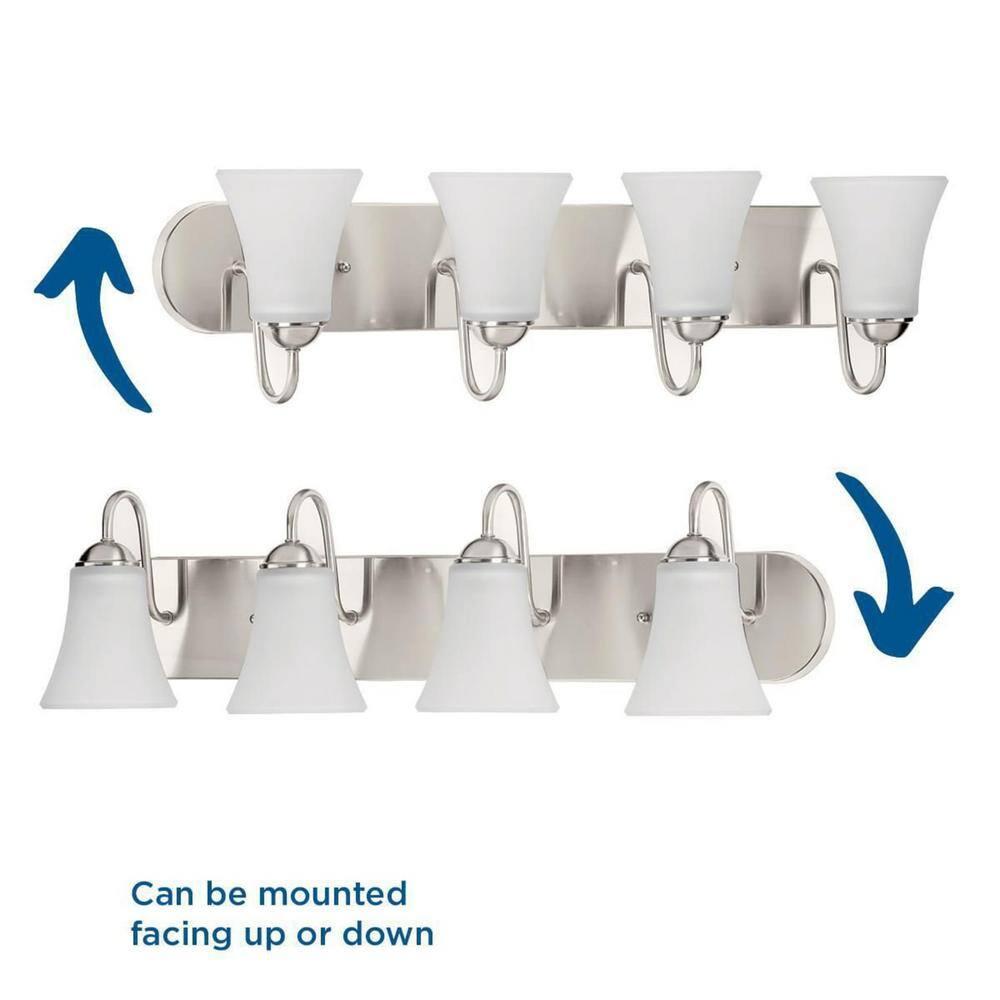 Progress Lighting Classic 4-Light Bath Vanity in Brushed Nickel with Bell-Shaped Etched Glass Shades