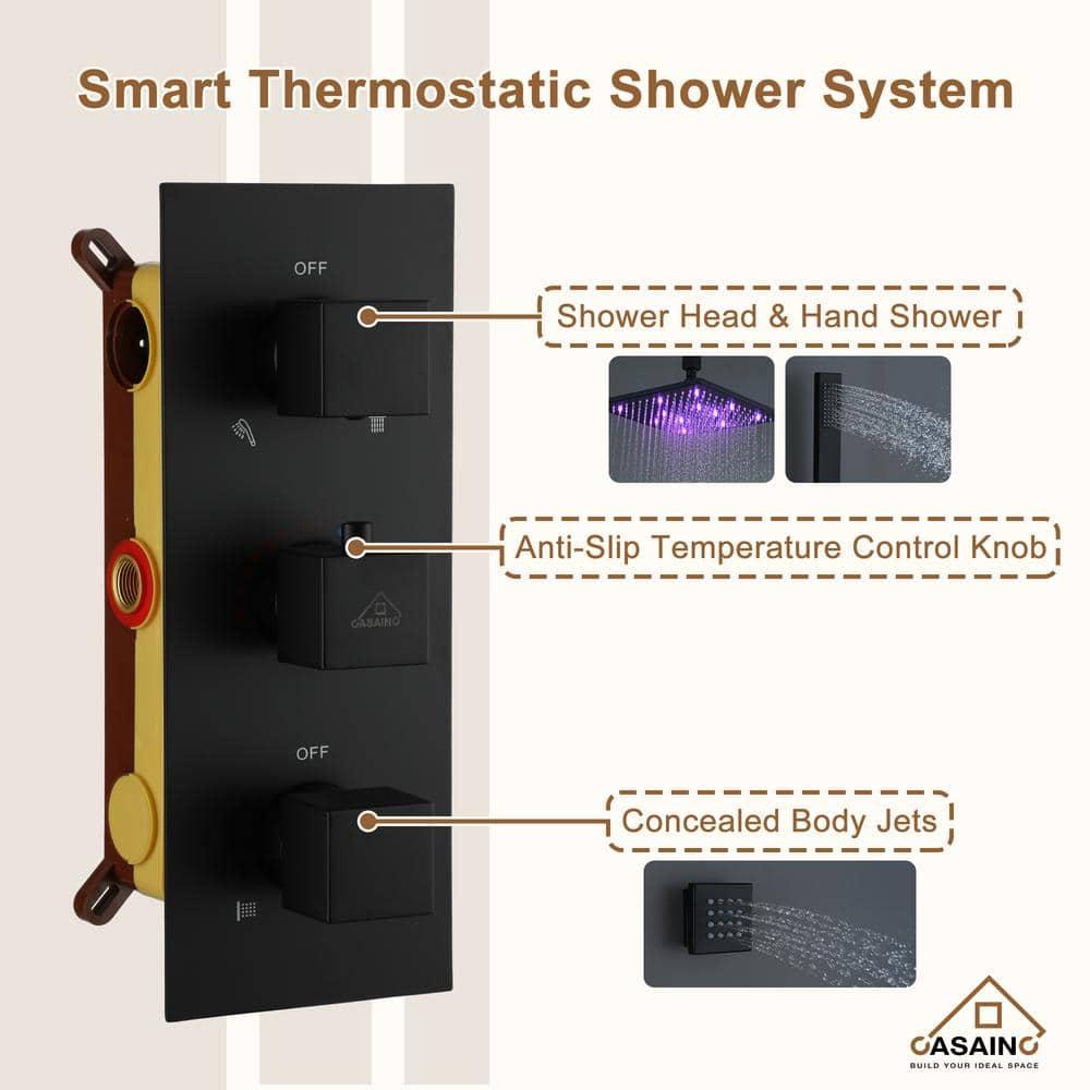 3-Function Luxury Ceiling Mount 12 Inch LED Thermostatic Shower System with 6 Body Jets