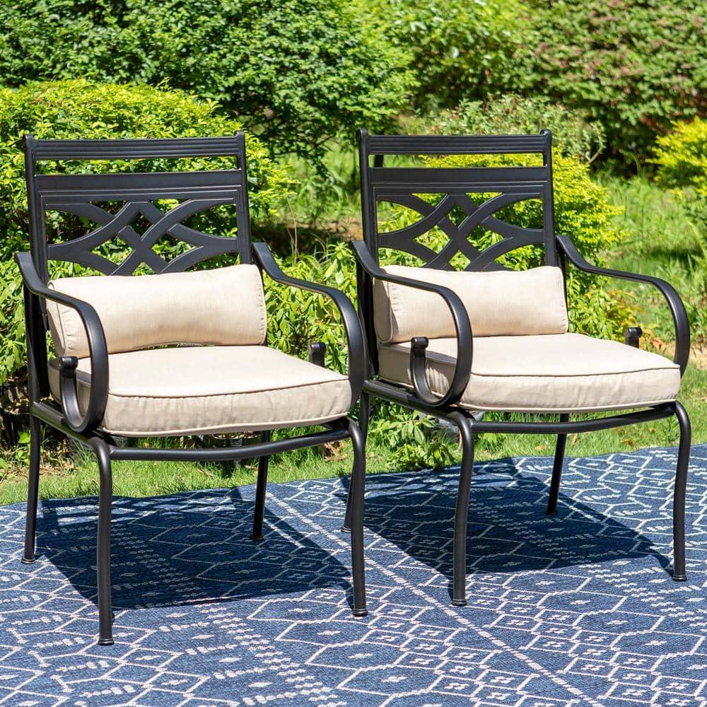 Summit Living 7-Piece Outdoor Patio Dining Set with 6 Swivel Cushioned Chairs & 1 Metal Steel Table, Black & Beige