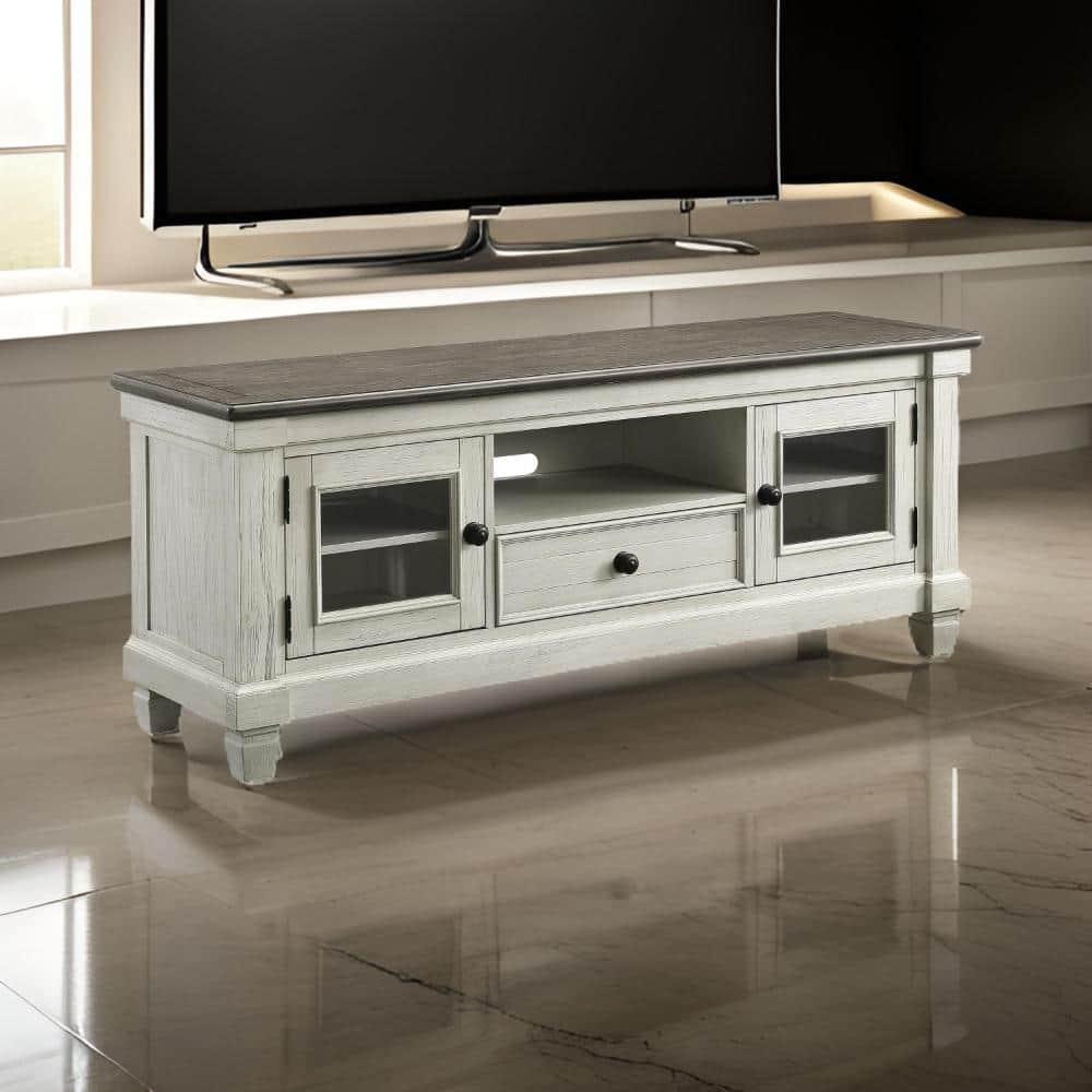 Rome 64 Inch TV Media Entertainment Console, White, Brown, Solid Wood
