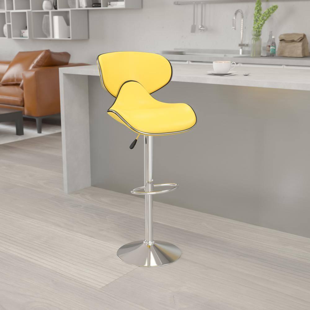 Flash Furniture Contemporary Cozy Mid-Back Yellow Vinyl Adjustable Height Barstool with Chrome Base