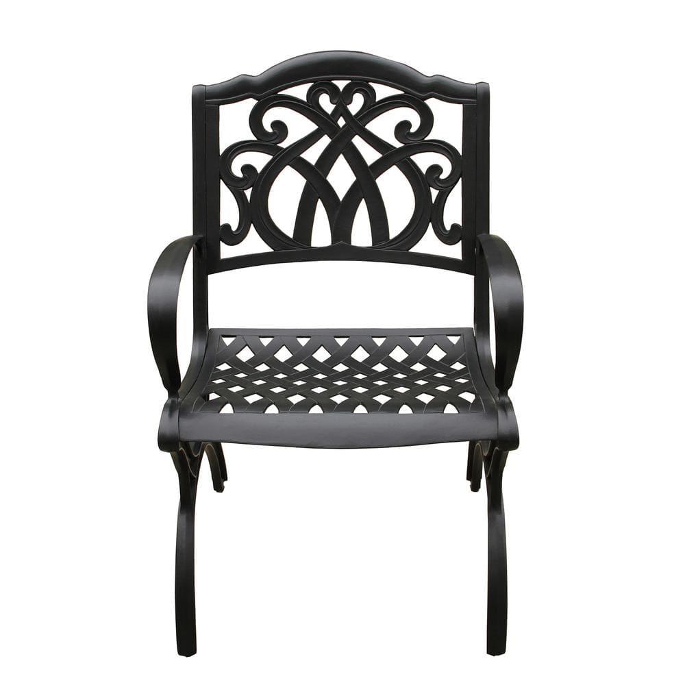 7pc Outdoor Dining Set with 59" Modern Ornate Mesh Aluminum Round Table & Luxury Chairs Black - Oakland Living