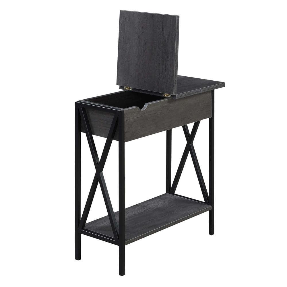 Convenience Concepts Tucson Flip Top End Table with Charging Station and Shelf, Charcoal Gray/Black