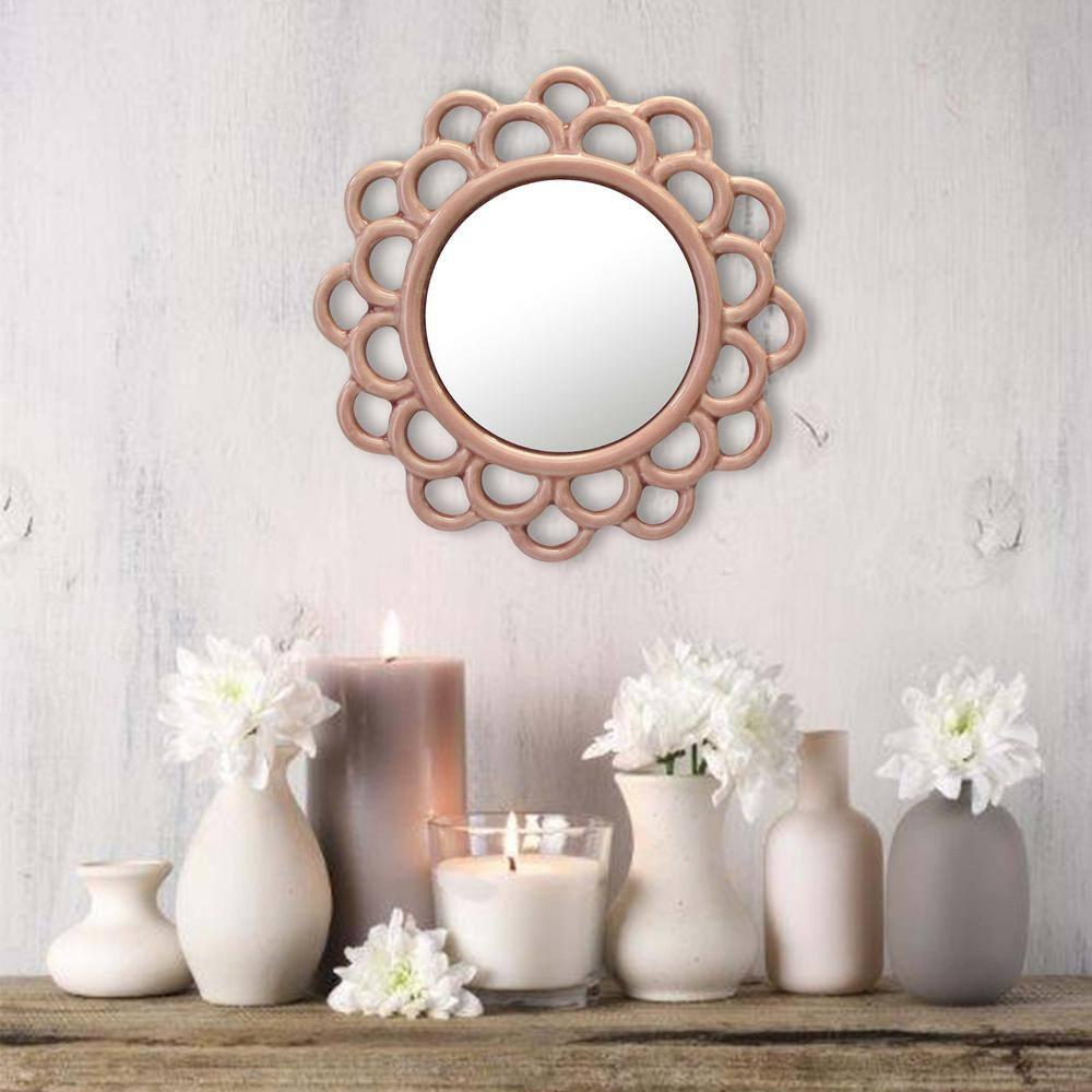 9" Decorative Round Floral Ceramic Wall Hanging Mirror Pink - Stonebriar Collection: Elegant Scalloped Edge, Keyhole Hanger