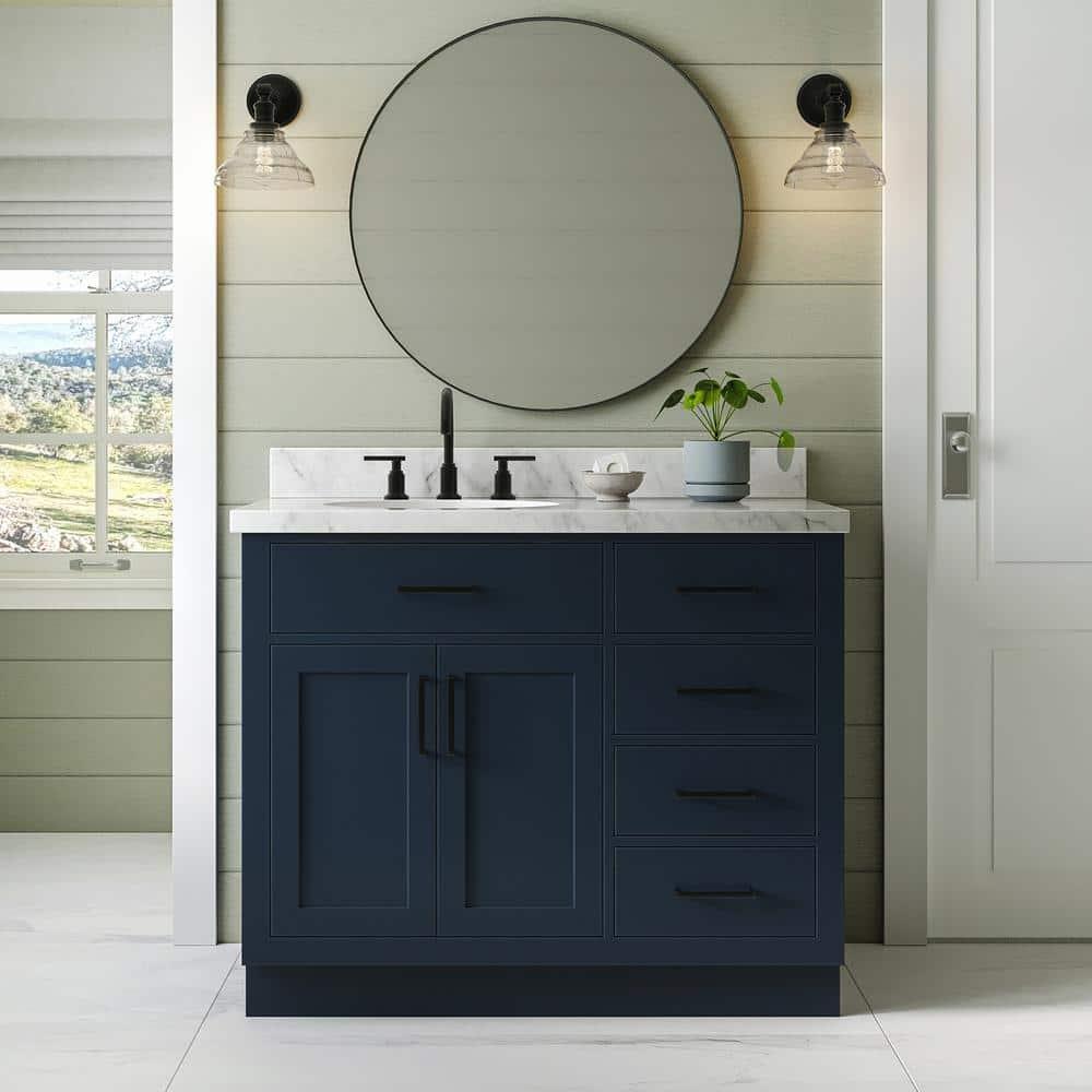 Hokku Designs Thornaby 42'' Solid Wood Single Bathroom Vanity with 1.5'' Carrara Quartz Top, Right Offset Oval Sink