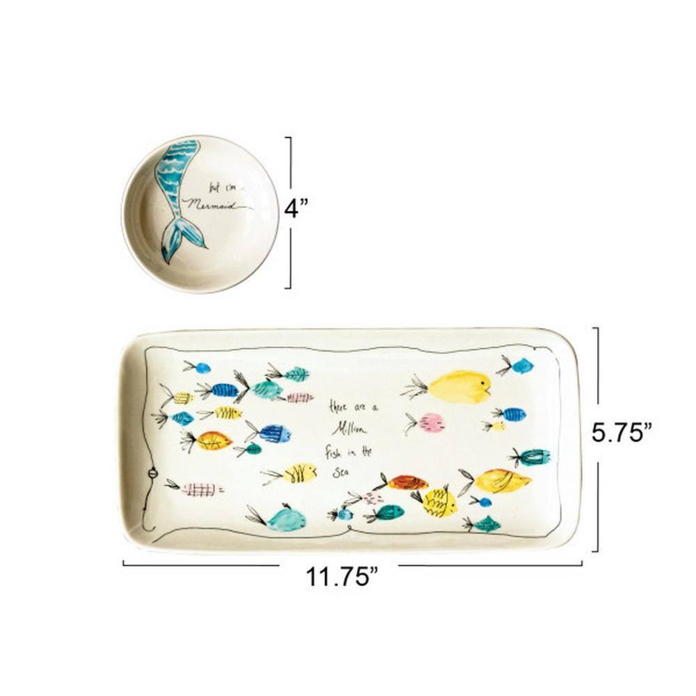 Storied Home Stoneware Plate & Small Round Dish with Fish Print White 2pc: Nautical Coastal Beach Style, Dishwasher-Safe
