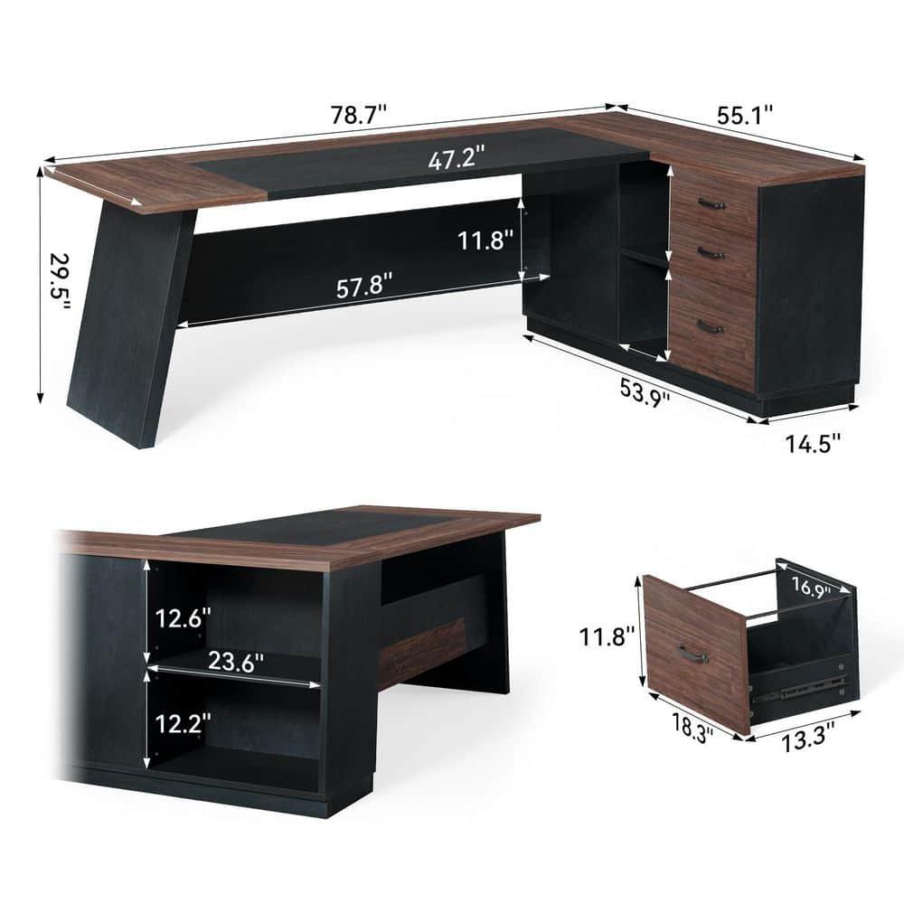 Tribesigns Modern 78" L-Shaped Executive Desk with Drawers and Lateral File Cabinet, Brown
