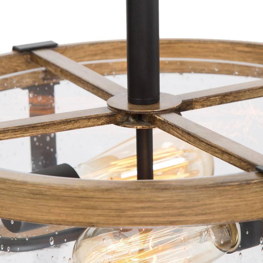 LNC Farmhouse 2-Light Semi-Flush Mount Light with Seeded Glass Shades 15",Brown Wood&Black