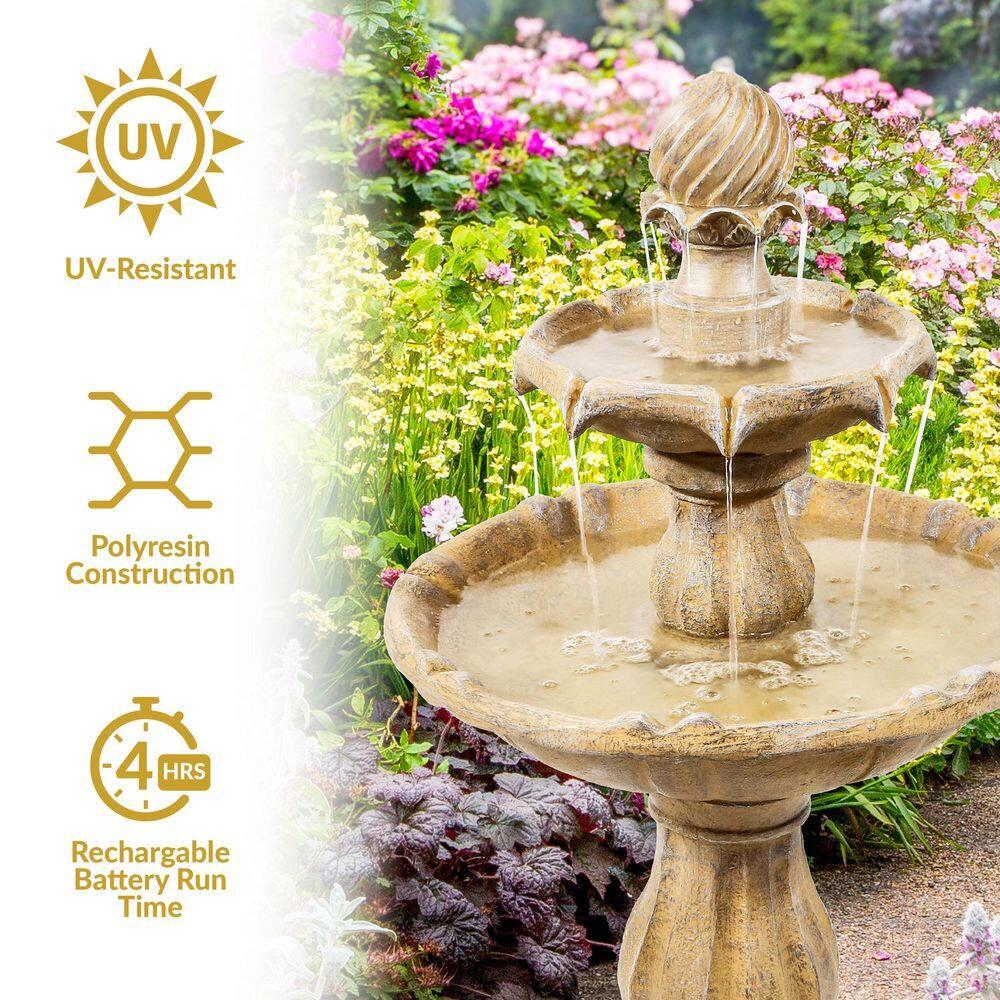 Sunnydaze Outdoor 2-Tier Solar Powered Water Fountain with Battery Backup and Submersible Pump - 35" - Earth Finish