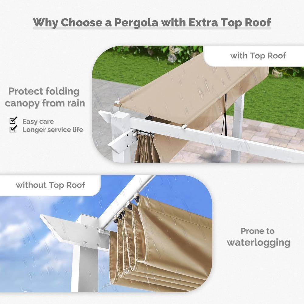 PURPLE LEAF 10' x 10' Outdoor Retractable Pergola with Double Sun Shade Canopy and White Heavy-Duty Aluminum Frame Patio Modern Adjustable Canopy Pergola for Garden Deck and Backyard, Khaki