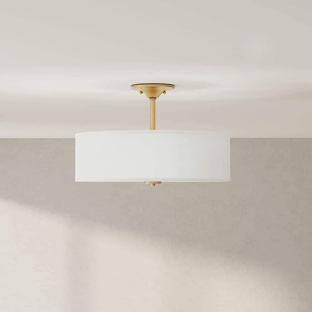 Progress Lighting, Inspire Collection, 3-Light Semi-Flush Mount, Satin Brass, Summer Linen Shade