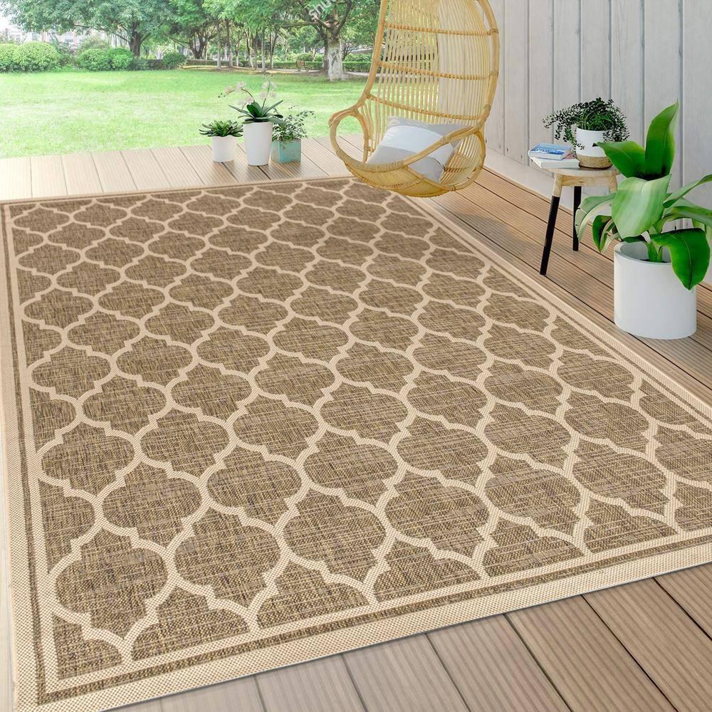 4'x6' Trebol Moroccan Trellis Textured Weave Indoor/Outdoor Area Rug, Brown/Beige - JONATHAN Y