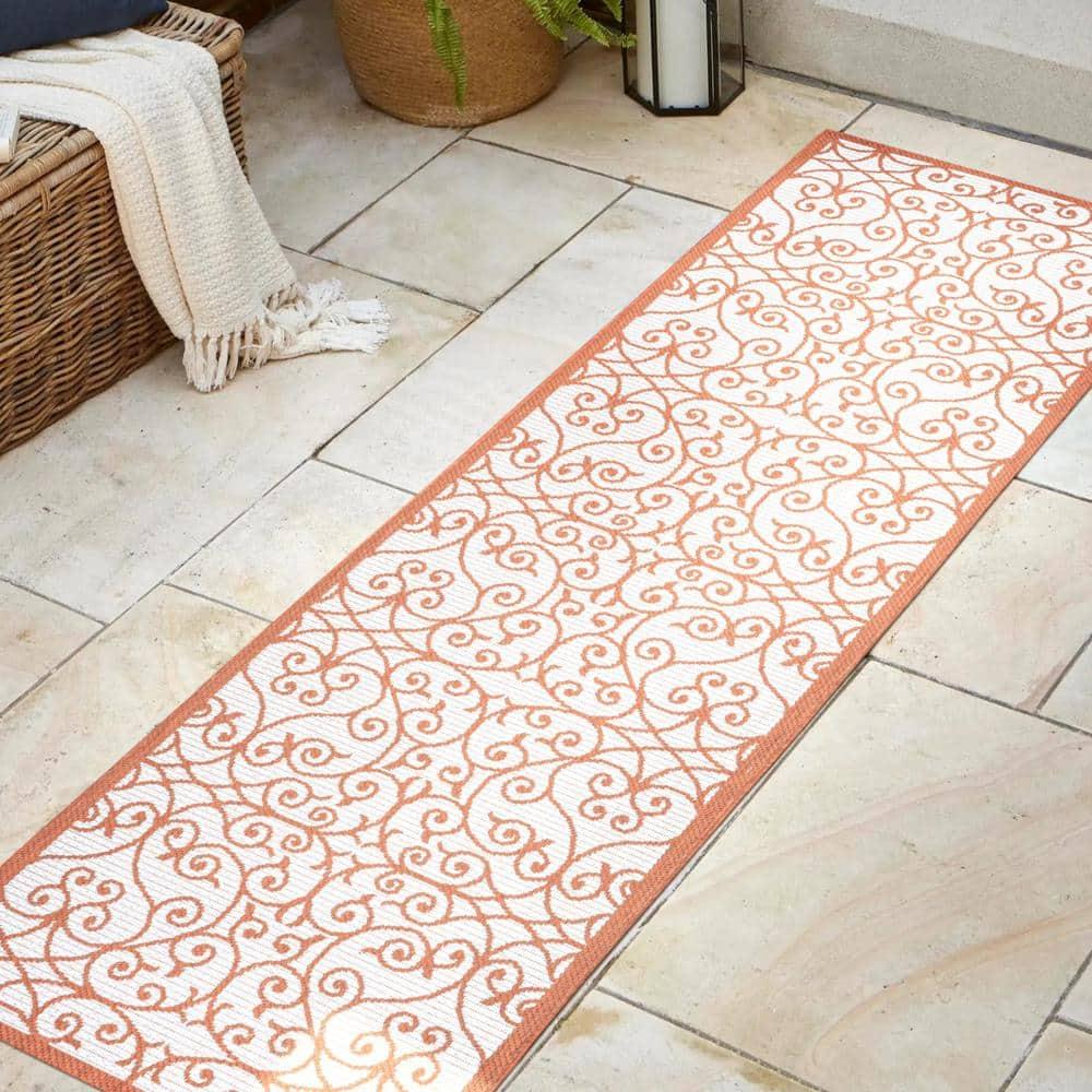 2' x 10' Madrid Vintage Filigree Textured Weave Indoor/Outdoor Runner Rug, Cream/Orange - JONATHAN Y