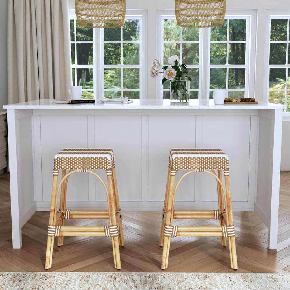 Tan and White Striped Rattan Backless Bar Stool, 30"