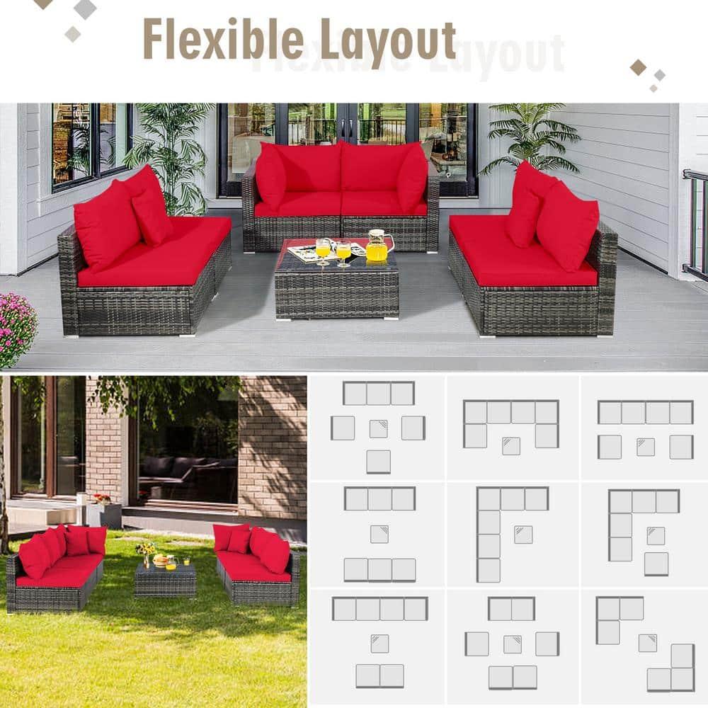 YYAo Garden Conversation Table Set, Conversation Loveseat Chairs Set,7 Pieces Patio Rattan Furniture Set Sectional Sofa Garden Cushion-Red