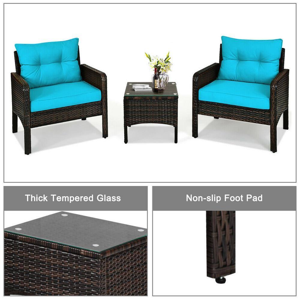 YYAo Garden Conversation Table Set, Conversation Loveseat Chairs Set, 3 Pcs Outdoor Patio Rattan Conversation Set with Seat Cushions-Turquoise