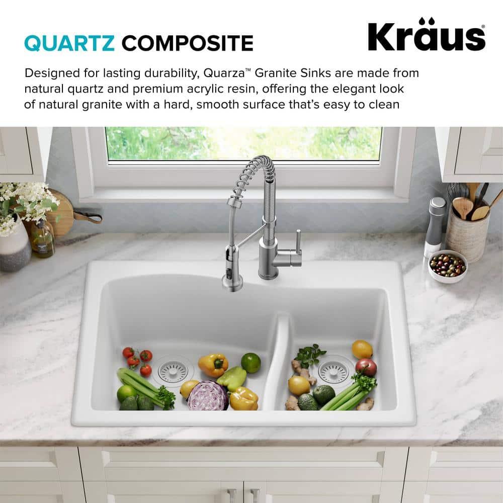 Kraus KRAUS Quarza™ 33" L Dual Mount 60/40 Double Bowl Granite Kitchen Sink KGD-442WHITE