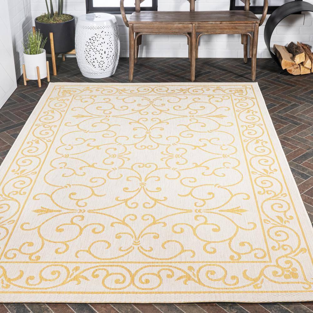 5' x 8' Charleston Vintage Filigree Textured Weave Indoor/Outdoor Area Rug, Cream/Yellow - JONATHAN Y