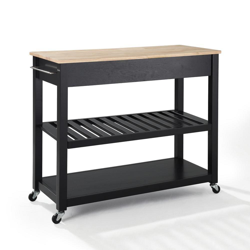 Natural Wood Top Kitchen Cart/Island with Optional Stool Storage - Black - Crosley: Solid Hardwood, Adjustable Shelf, Wheeled
