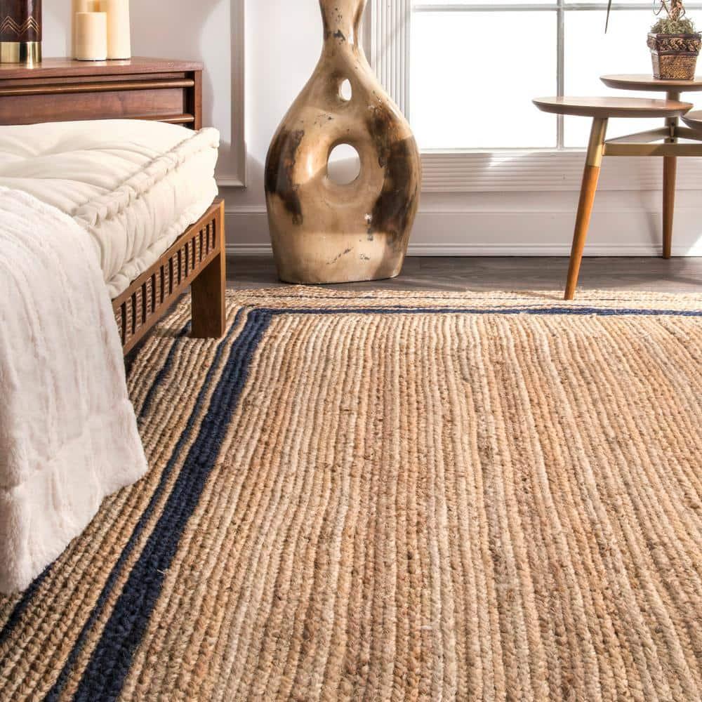 Nuloom Rikki Bordered 4x6 Jute Indoor Area Rug for Dining Room Rug Neutral Rug Living Room Rug Kitchen, Navy/Natural