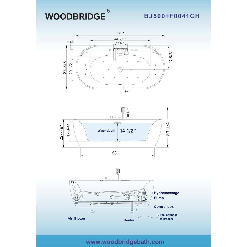 72" x 35.4" Whirlpool and Air Bath Heated Soaking Combination Tub with Tub Filler