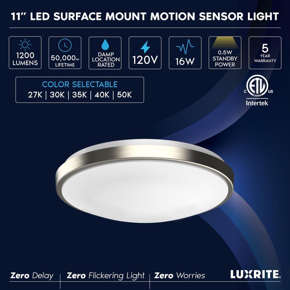 Luxrite Motion Sensor LED Flush Mount Ceiling Light, 11 Inch, 5CCT 2700K-5000K, 16W, 1200 Lumens, ETL