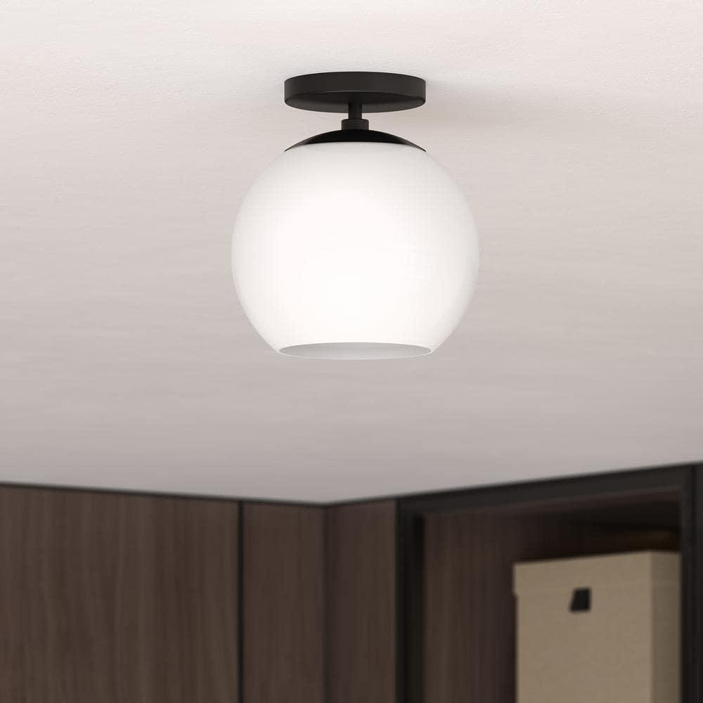 Evelyn&Zoe 9" Matte Black Metal/Glass Semi Flush Mount