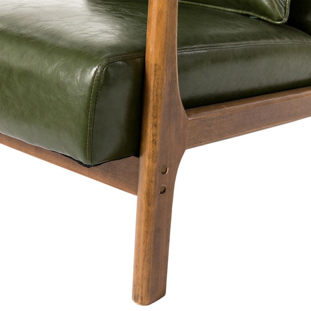 Glitzhome 2 Set Mid Century Hunter Green Accent Armchair, Single Reading Armchair PU Leather Lounge Chair with Walnut Ruberwood Frame