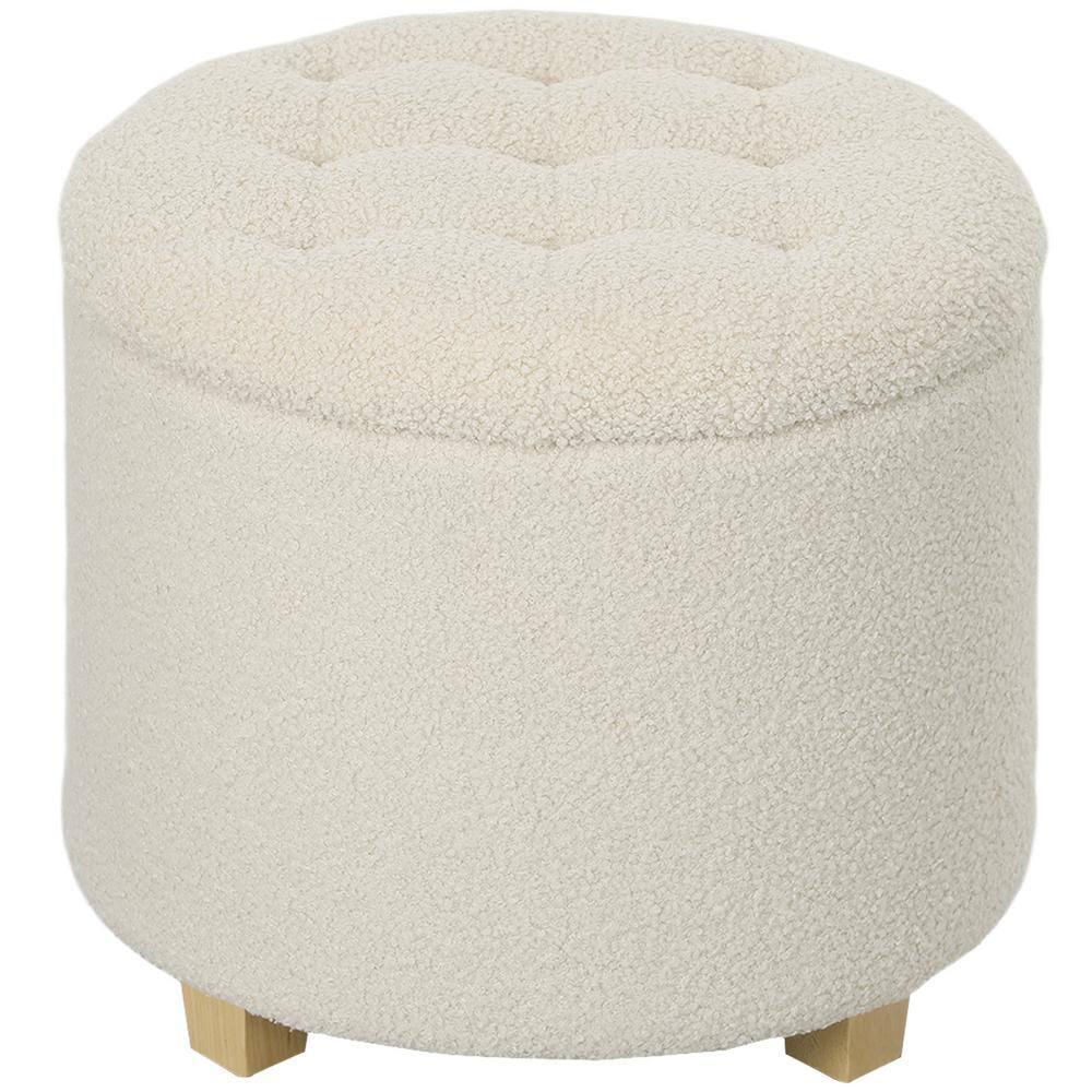 HOMCOM 18" Round Ottoman with Storage, Teddy Fleece Button Tufted Bedroom Stool with Removable Lid and Wood Legs for Living Room, Hallway, White
