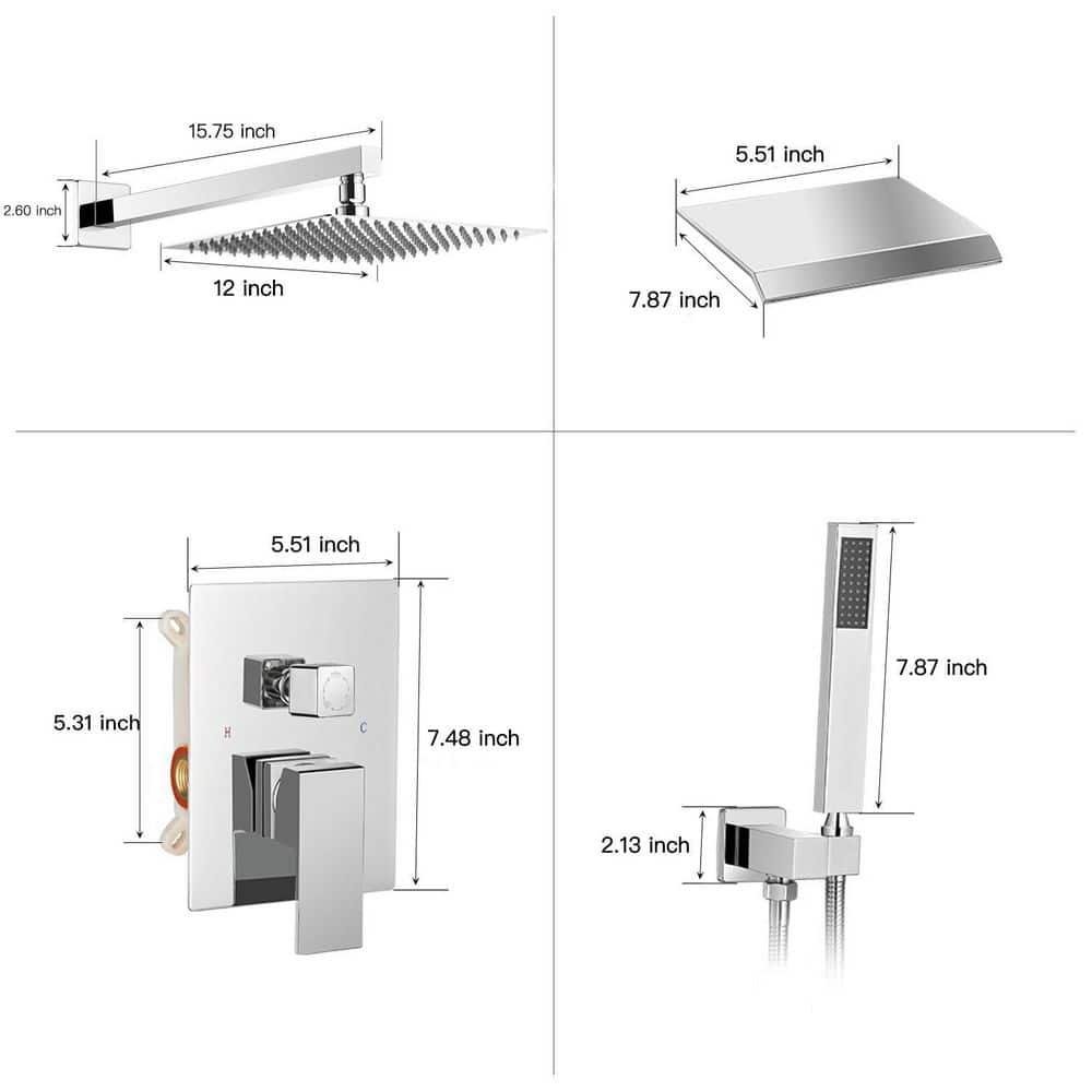 3-Spray Patterns With 2.5 GPM 12 in. Showerhead Wall Mounted Dual Shower Heads with Valve