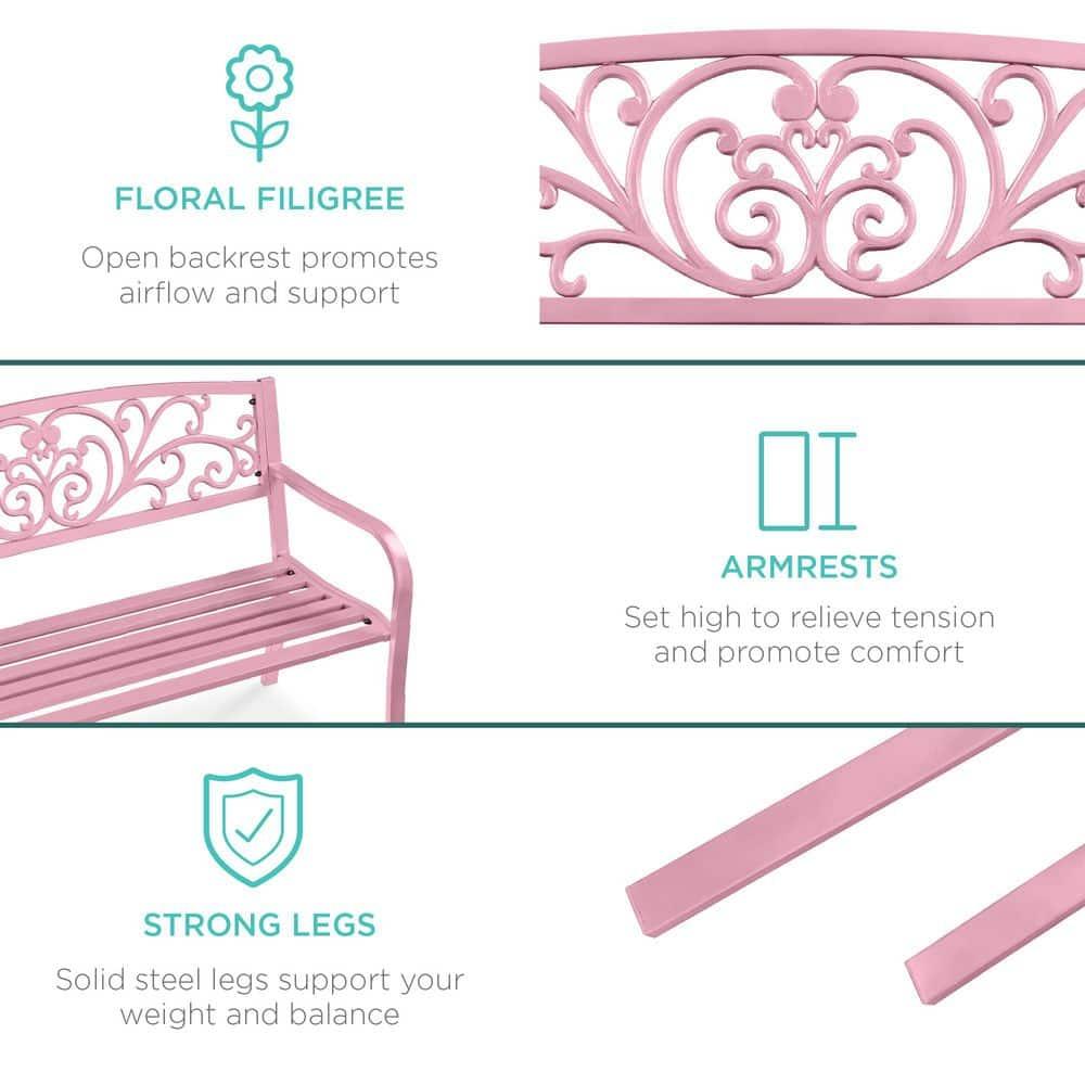 World Menagerie Outdoor Steel Bench with Floral Backrest & Slatted Seat, Marigold for Garden, Patio, Porch, Lawn, and Deck