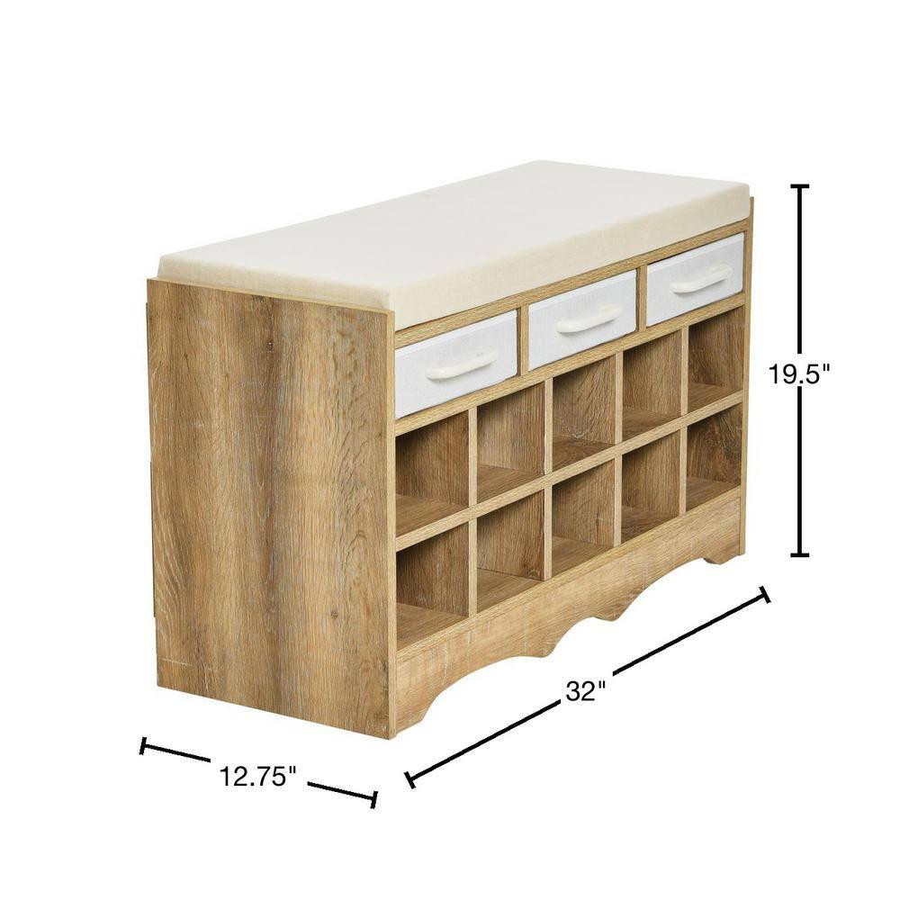 Household Essentials Entryway Storage Bench with 3 Beige Drawers 10 Shoe Compartments and Cushioned Seat in Coastal Oak Rustic Wood Grain