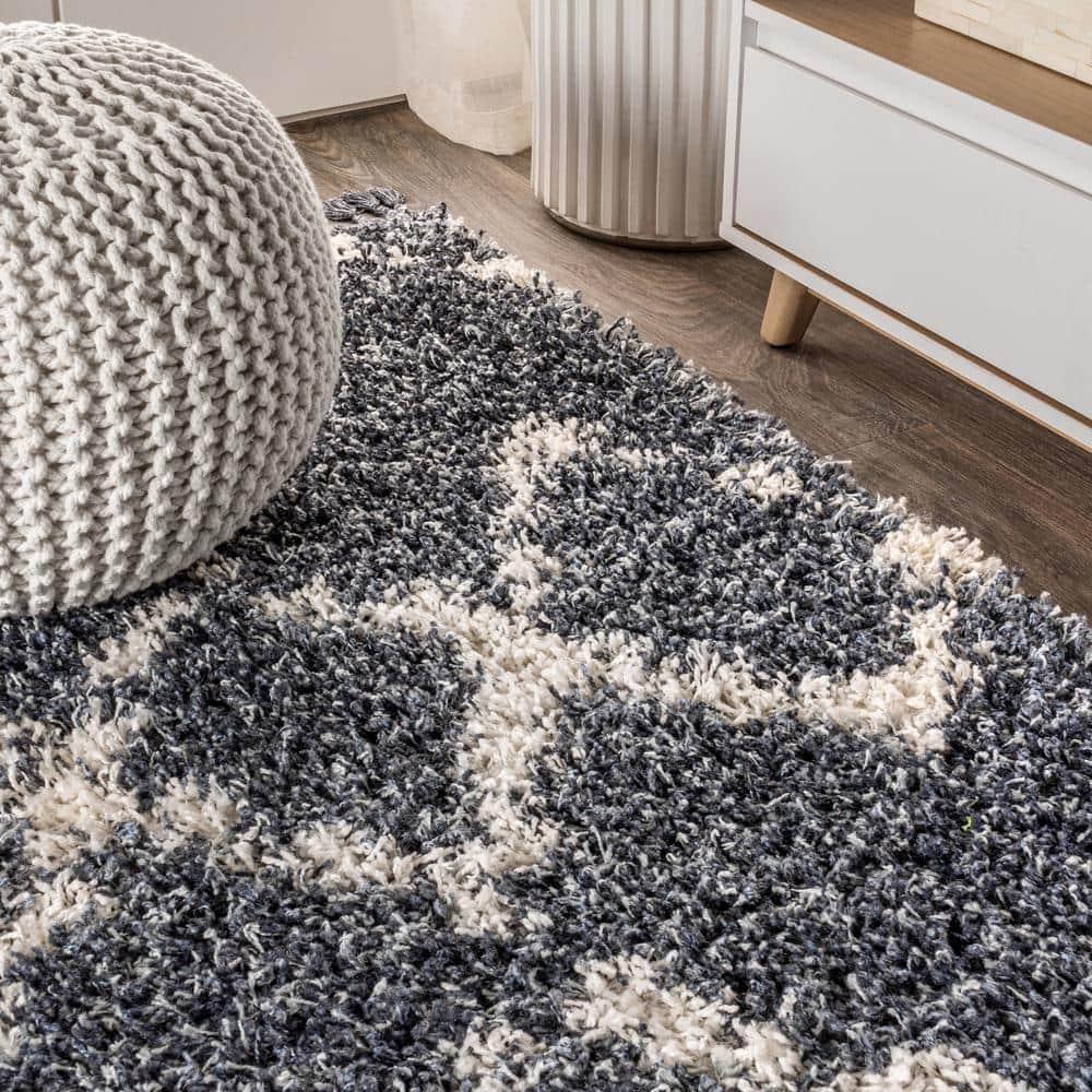 4'x6' Mercer Shag Plush Tassel Moroccan Geometric Trellis Area Rug, Denim/Cream - JONATHAN Y