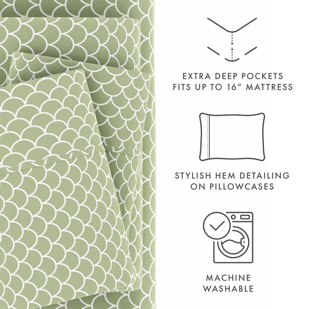 Linen Market Double-Brushed Patterned Microfiber King Sheet Set 4 Piece – Oeko-TEX Certified Ultra Soft & Wrinkle-Free - 16" Deep Pocket Sheets - Easy Care King Size - Scallops Sage