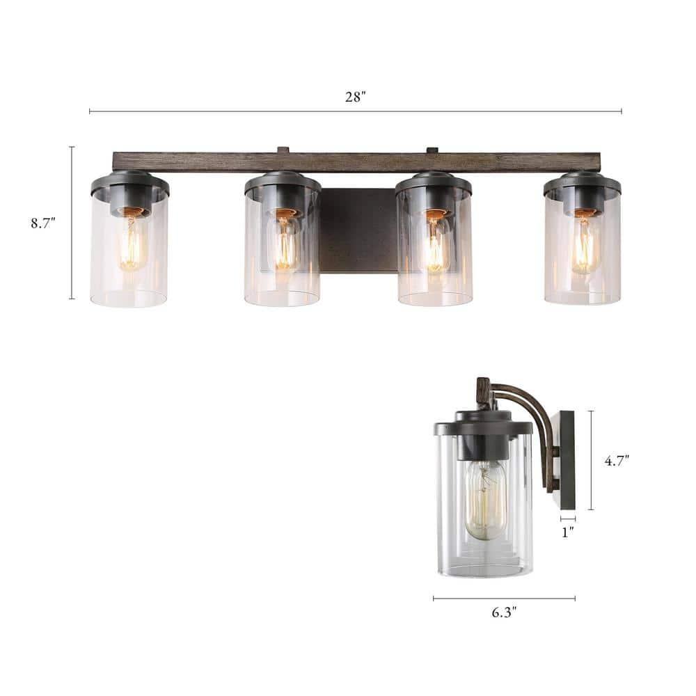 LNC Rustic Industrial Faux Wood 4-Light Black Finish Wall Fixture for Bathroom Glass Shades 4 Count