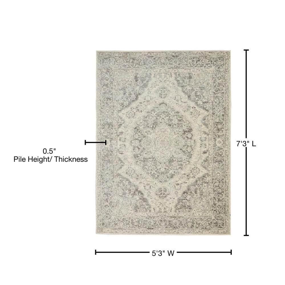 Nourison Tranquil Vintage Persian Center Medallion Area Rug Ivory Grey 5'3" x 7'3"