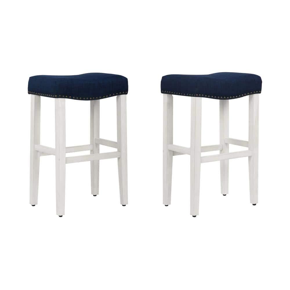 Polytrends Jameson Upholstered Polyester 29" Bar Stool with White Legs - (Set of 2) Antique White/Black