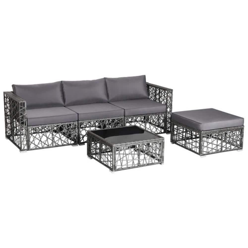 Costway 5 Pieces Patio PE Rattan Wicker Sofa Furniture Set Cushioned  Outdoor Grey