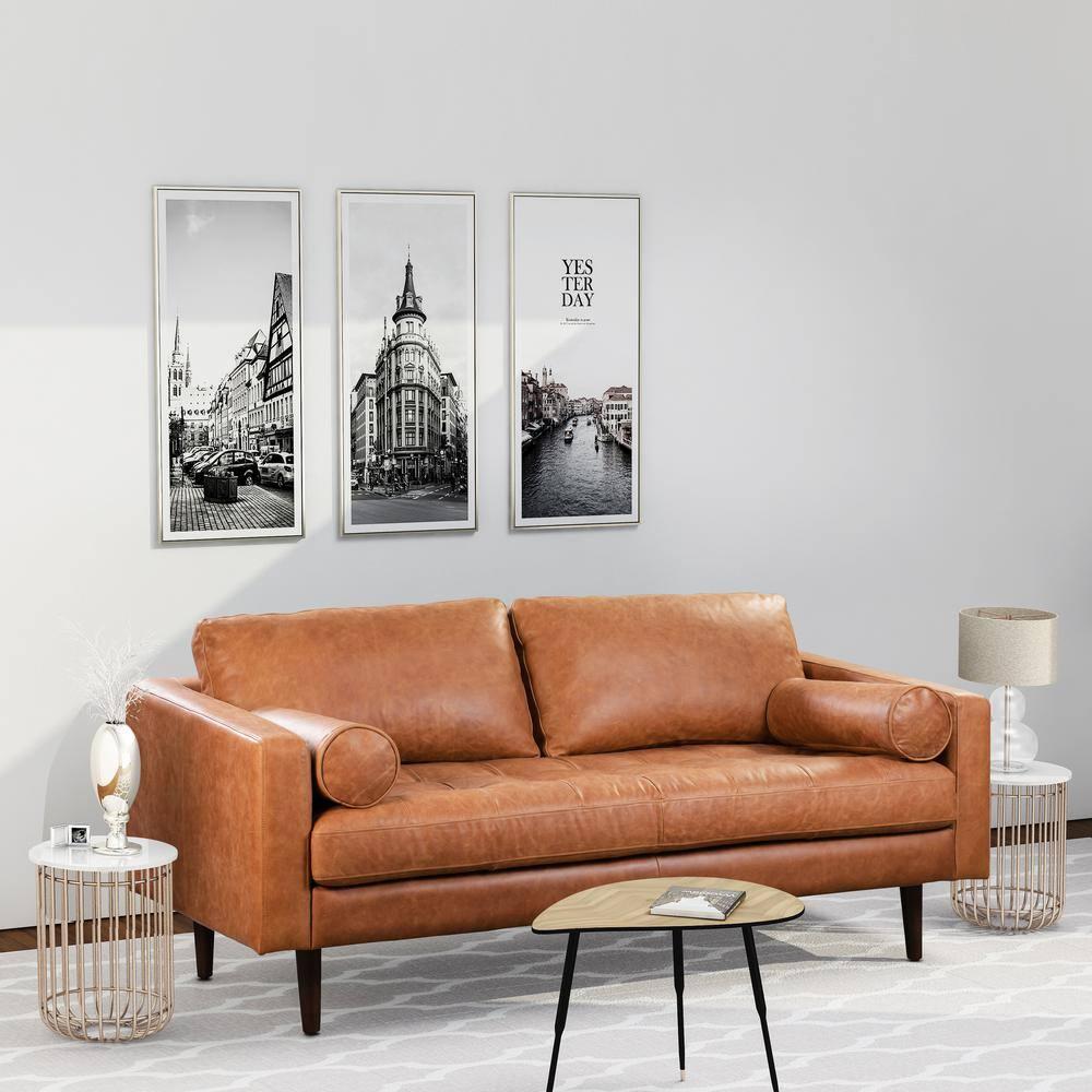 Cognac Tan Tufted Leather Lawson Sofa with Wood Legs