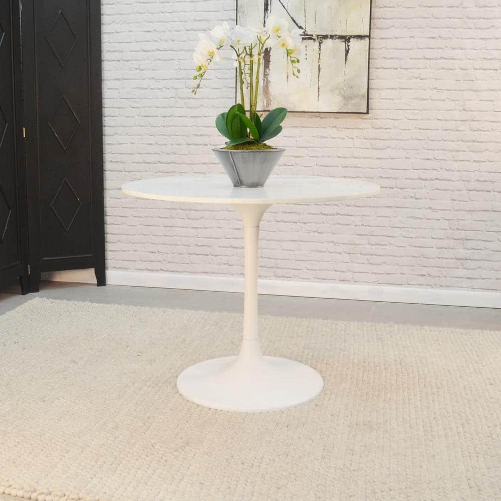 Carolina Living 36" Zaha Round Marble Top Dining Table White: Midcentury Modern, Metal Pedestal Base, Seats 4