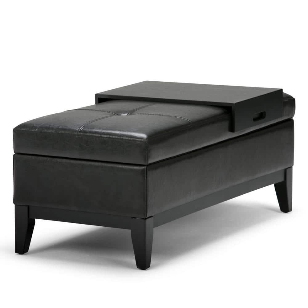 Simpli Home Oregon 42 inch Wide Contemporary Rectangle Storage Ottoman Bench with Tray in Tanners Brown Faux Leather-Finish:Midnight Black