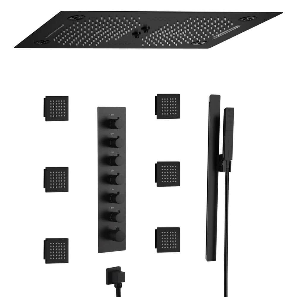 Rodeo 27.5-Inch LED&Music Rainfall Thermostatic Shower System with Slide Bar and 2-in-1 Handheld