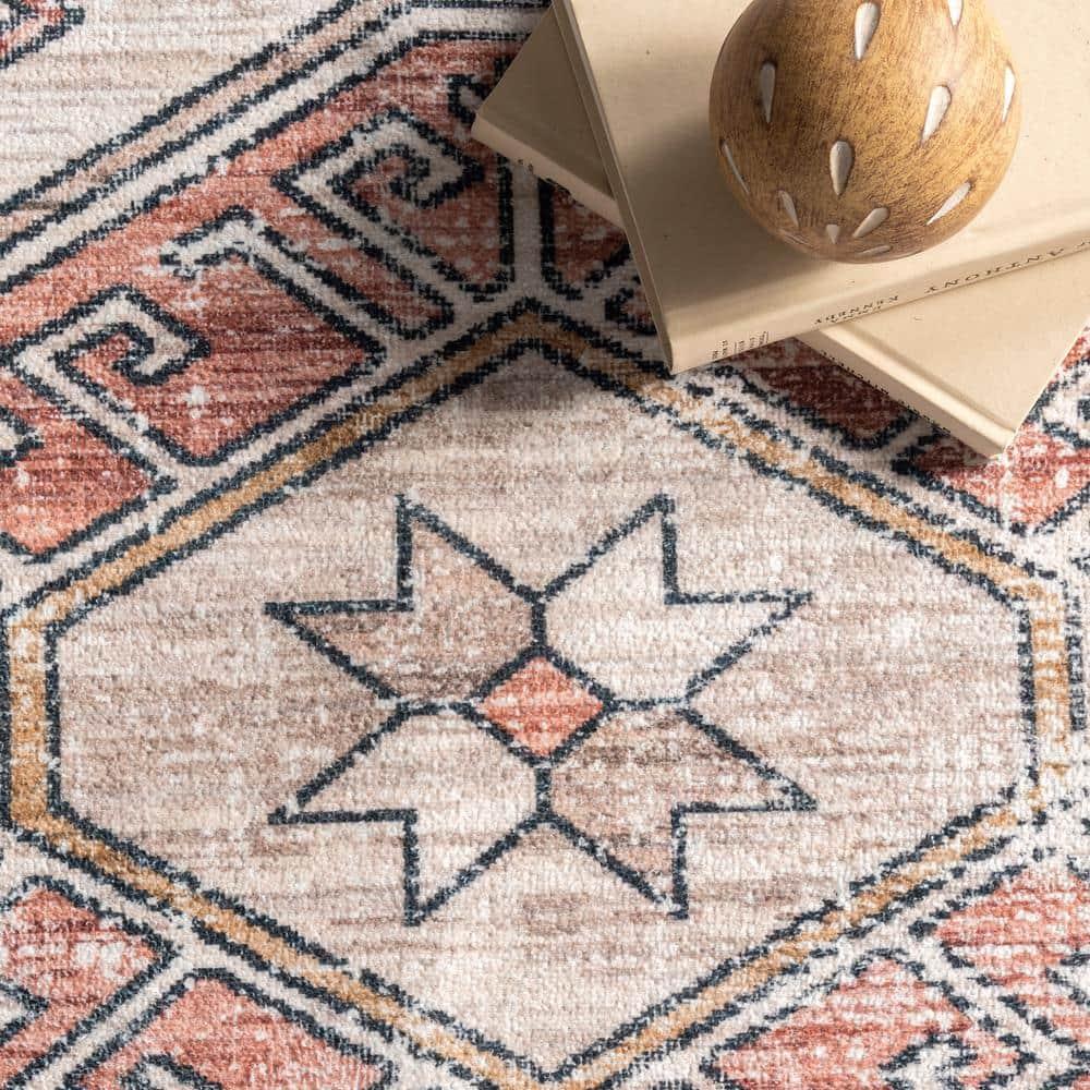 nuLOOM Mae Tribal Motif Machine Washable Peach 6' Modern Round Rug