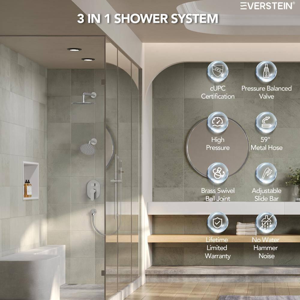 DualJetSpa 3-Function Round 10" & 6" Dual Shower Faucet System with Pressure Balancing Rough-In Valve