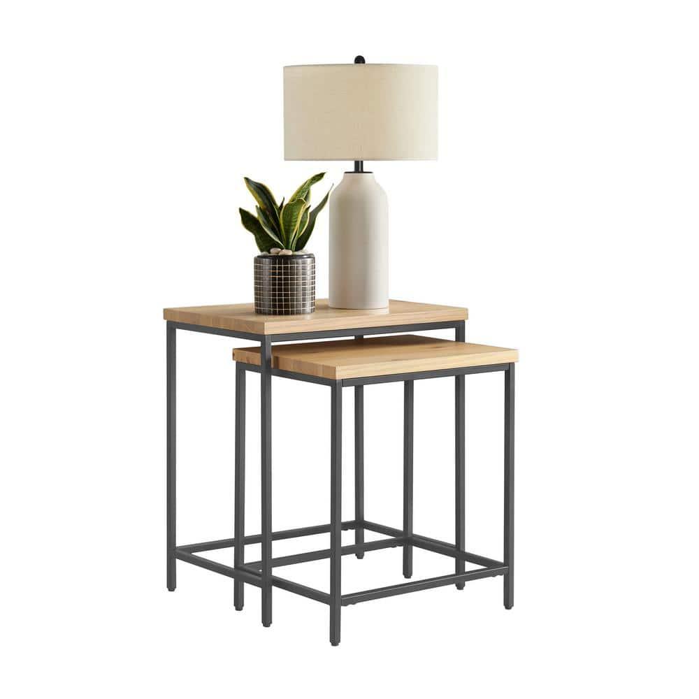 Lavish Home Set of 2 Modern Nesting Tables, End Tables for Living Room with Oak-Finished Top and Sturdy Metal Base